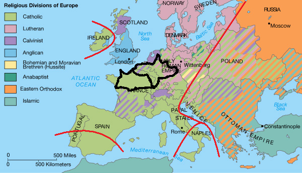 religious divisions of europe map + austrasia + hajnal line